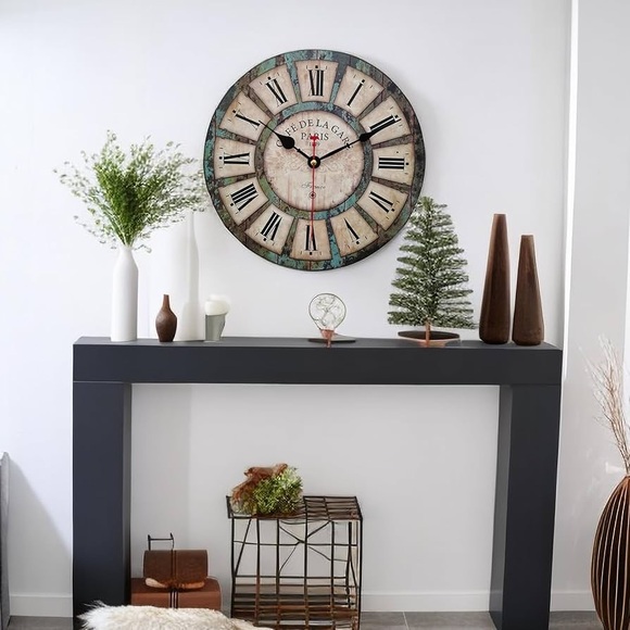 16 Inch Silent Round Wooden Wall Clock Rustic Country Style, Battery Operated - Picture 2 of 2